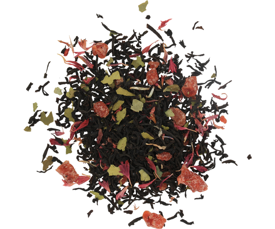 Basilue Sweet Cherry - czarna herbata cejlońska z dodatkiem wiśni, werbeny cytrynowej i chabru. Ozdobna puszka z owocowo-kwiatowym motywem.