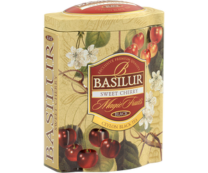 Basilue Sweet Cherry - czarna herbata cejlońska z dodatkiem wiśni, werbeny cytrynowej i chabru. Ozdobna puszka z owocowo-kwiatowym motywem.