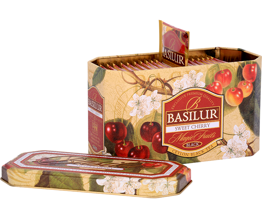 Basilur Sweet Cherry - czarna herbata cejlońska z dodatkiem aromatu słodkiej wiśni. Ozdobna puszka z owocową grafiką.