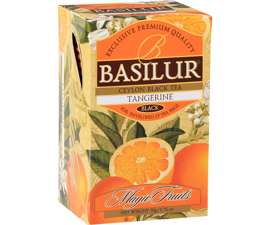 Basilur Tangerine - czarna herbata cejlońska z dodatkiem naturalnego aromatu mandarynki oraz wanilii z kremem. Ozdobne pudełko z motywem kwiatowo-owocowym.