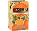 Basilur Tangerine - czarna herbata cejlońska z dodatkiem naturalnego aromatu mandarynki oraz wanilii z kremem. Ozdobne pudełko z motywem kwiatowo-owocowym.