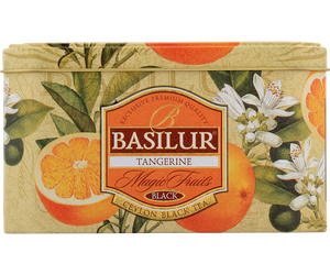 Basilur Tangerine - czarna herbata cejlońska z dodatkiem aromatu mandarynki oraz wanilii z kremem. Ozdobna puszka z owocowym motywem.