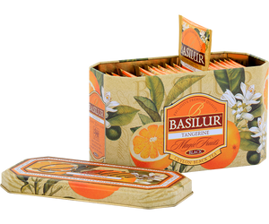 Basilur Tangerine - czarna herbata cejlońska z dodatkiem aromatu mandarynki oraz wanilii z kremem. Ozdobna puszka z owocowym motywem.