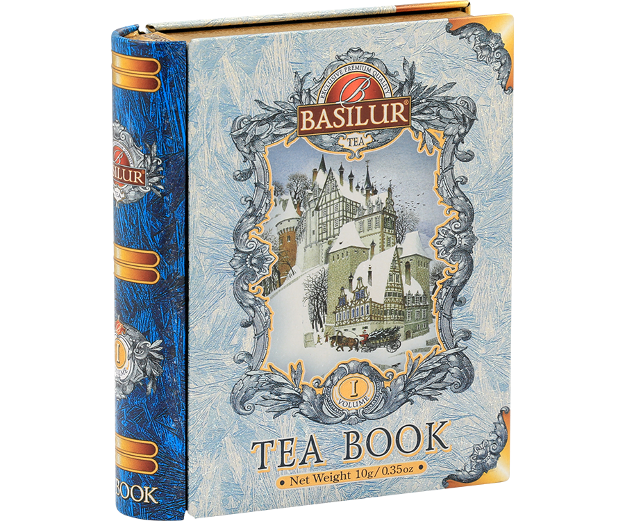 Basilur Tea Book Volume I mini - czarna herbata cejlońska z dodatkiem chabru, pąków jaśminu, niebieskiej malwy oraz aromatem prażonych migdałów. Zdobiona puszka w kształcie książki.