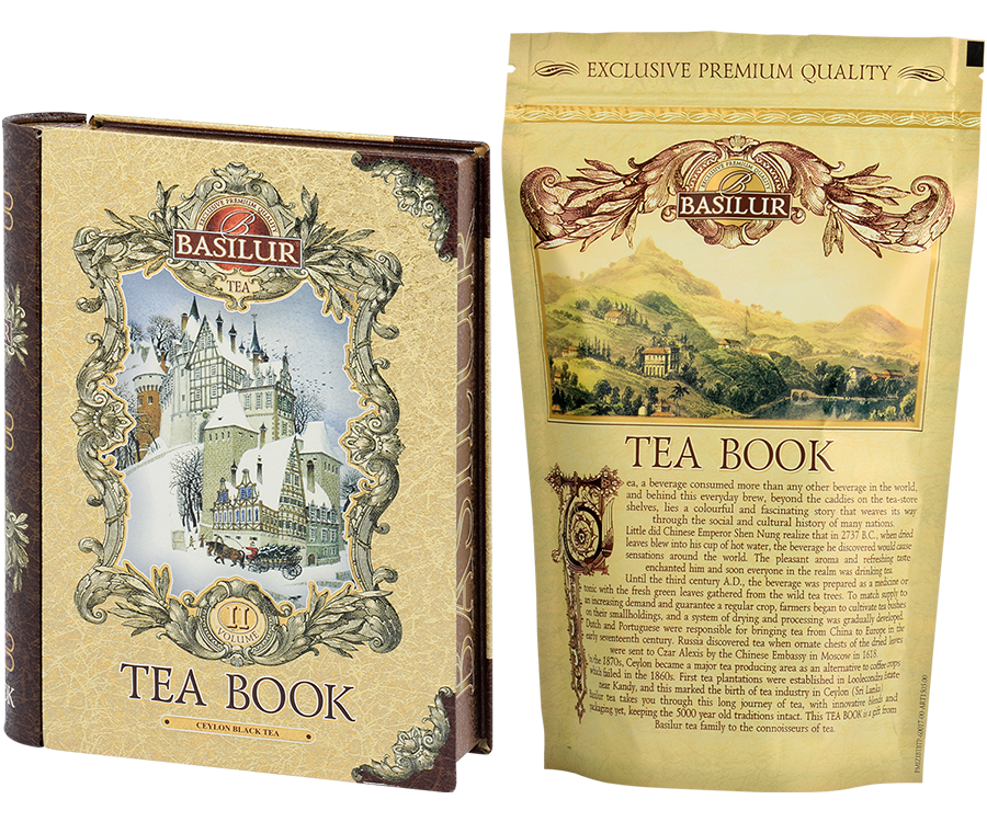 Basilur Tea Book Volume II - czarna herbata cejlońska z dodatkiem papai, nagietka, słonecznika, krokoszu barwierskiego oraz aromatu pomarańczy, cynamonu i wanilii. Zdobiona puszka w kształcie książki. 