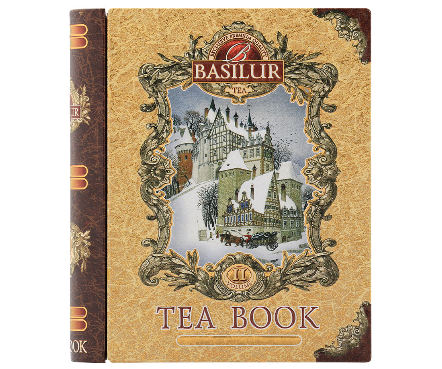 Basilur Tea Book Vol. II  Mini - czarna herbata cejlońska z dodatkiem aromatu pomarańczy, cynamonu i wanilii zapakowana w prezentową puszkę w kształcie książki.