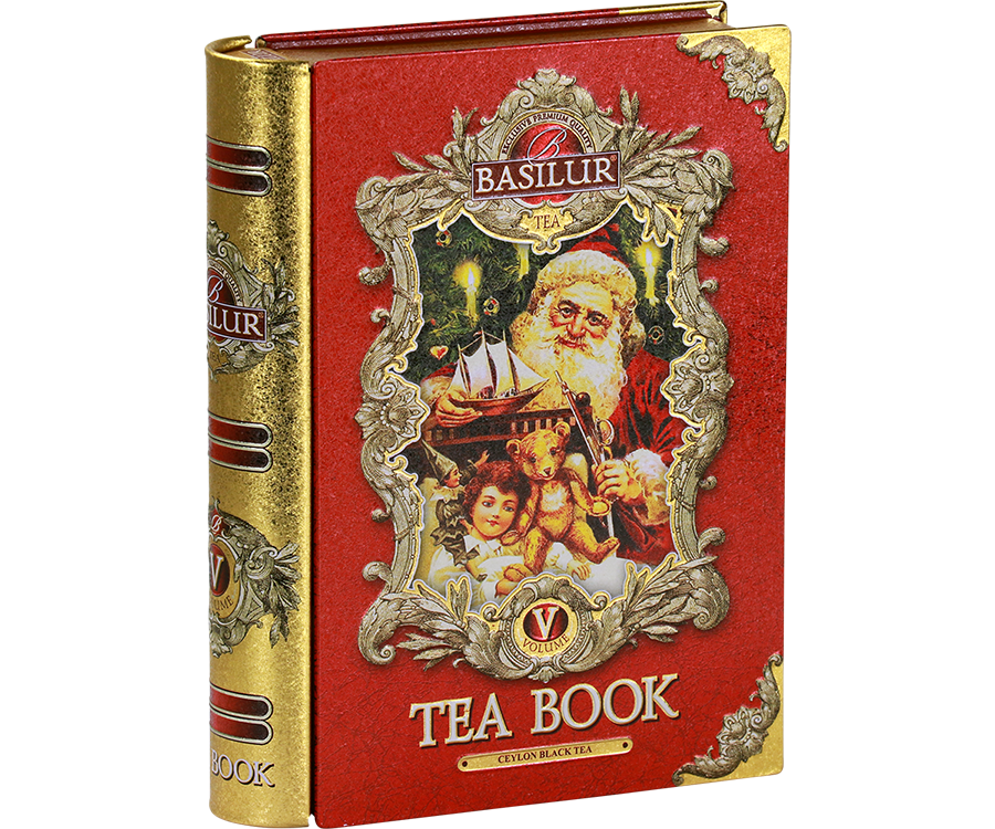 Basilur Tea Book Volume V - czarna herbata cejlońska skomponowana ze starannie wyselekcjonowanych listków z dodatkiem jagód goji, krokosza barwierskiego oraz aromatu wanilii, cytryny, pomarańczy i migdałów. Metalowa ozdobna puszka.