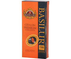 Basilur Ceylon Premium - czarna herbata cejlońska w kapsułkach Nespresso, Ozdobne, pomarańczowe pudełko z logo Basilur.