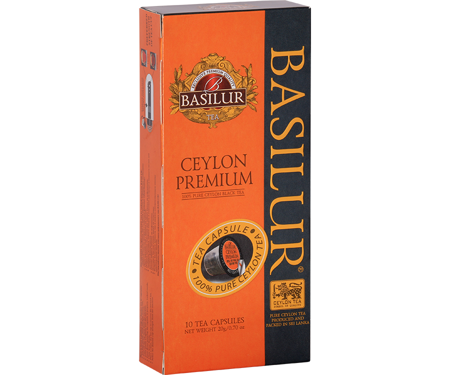 Basilur Ceylon Premium - czarna herbata cejlońska w kapsułkach Nespresso, Ozdobne, pomarańczowe pudełko z logo Basilur.