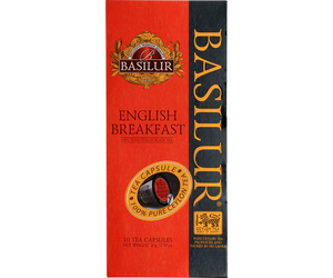 Basilur English Breakfast - czarna herbata cejlońska w kapsułkach Nespresso, Ozdobne, czerwone pudełko z logo Basilur.