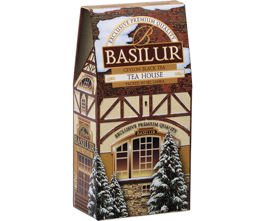 Basilur Tea House - czarna herbata z dodatkiem białego i niebieskiego chabru oraz aromatu brzoskwini i śmietanki. Ozdobne opakowanie z grafiką domku.