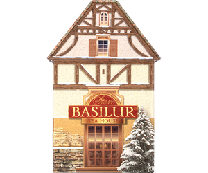 Basilur Tea House - czarna herbata z dodatkiem białego i niebieskiego chabru oraz aromatu brzoskwini i śmietanki. Prezentowa puszka w kształcie domku.