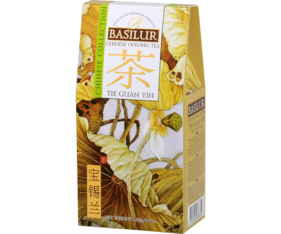 Basilur Tie Guan Yin Tea - liściasta herbata półfermenowana Oolong, bez dodatków. Żółte pudełko z botanicznym motywem.