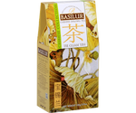Basilur Tie Guan Yin Tea - liściasta herbata półfermenowana Oolong, bez dodatków. Żółte pudełko z botanicznym motywem.