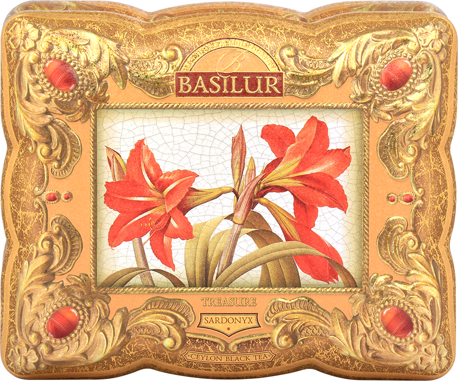 Basilur Sardonyx - czarna herbata skomponowana ze starannie wyselekcjonowanych liści z dodatkiem krokosza barwierskiego, białego chabru oraz aromatu pomarańczy i ananasa. Zdobiona puszka w postaci szkatułki.