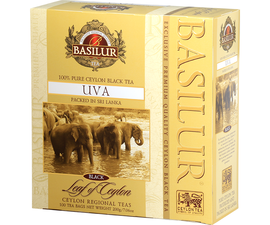Basilur Uva - herbata czarna ekspresowa bez dodatków. Żółte, ozdobne pudełko z motywem słoni.