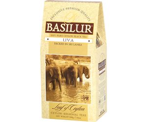 Basilur Uva - czarna herbata cejlońska bez dodatków, liściasta. Żółte pudełko z motywem słoni.