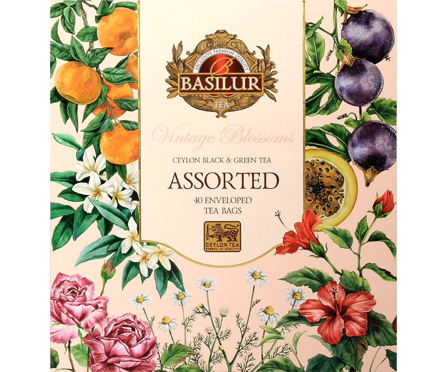 Basilur Vintage Blossoms Assorted - zestaw 4 smaków herbat (czarnej, zielonej) z kolekcji Vintage Blossoms. Ozdobna, różowa herbaciarka z kwiatowym motywem.