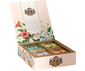 Basilur Vintage Blossoms Assorted - zestaw 4 smaków herbat (czarnej, zielonej) z kolekcji Vintage Blossoms. Ozdobna, różowa herbaciarka z kwiatowym motywem.