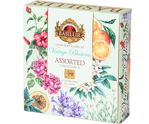 Basilur Vintage Blossoms Assorted – zestaw 4 smaków herbat z kolekcji Vintage Blossoms zapakowanych pojedynczo w ozdobne koperty. Prezentowe pudełko z kwiatowym motywem.