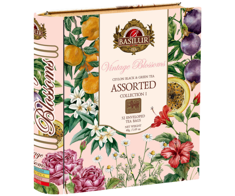 Basilur Vintage Blossoms Assorted – zestaw 4 smaków czarnej i zielonej herbaty cejlońskiej z kwiatowymi i owocowymi dodatkami. Prezentowa puszka w kształcie książki.