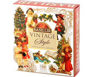Basilur Vintage Style Assorted – zestaw 4 smaków herbat cejlońskich z kolekcji Vintage Style. Ozdobna herbaciarka ze świątecznym motywem.