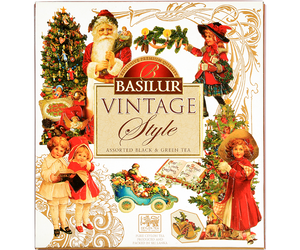 Basilur Vintage Style Assorted – zestaw 4 smaków herbat cejlońskich z kolekcji Vintage Style. Ozdobna herbaciarka ze świątecznym motywem.