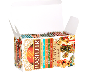 Basilur Vintage Style Assorted – zestaw 4 smaków herbat cejlońskich z kolekcji Vintage Style. Ozdobne pudełko ze świątecznym motywem.