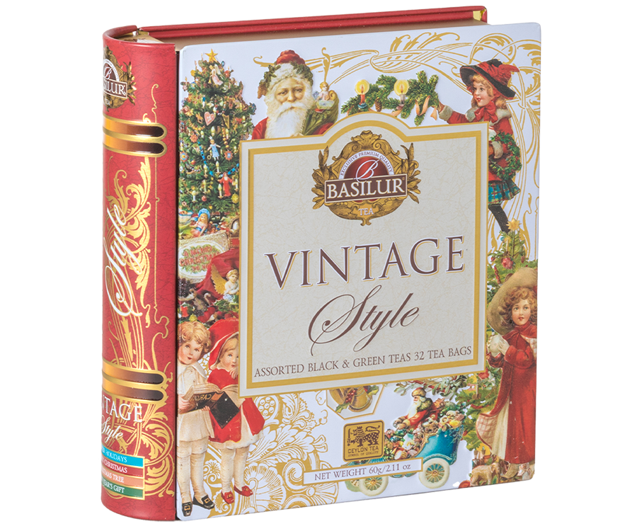 Basilur Vintage Style Assorted – zestaw świątecznych herbat w saszetach. Metalowa puszka ze świątecznym motywem w stylu vintage.