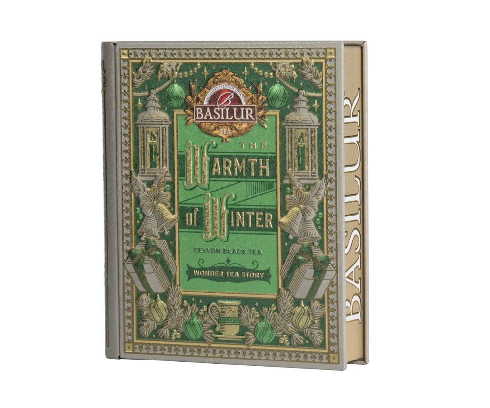 Herbata świąteczna Basilur Warmth Of Winter w ozdobnej, zielonej puszce - książce