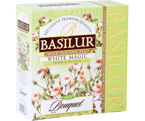 Basilur White Magic – zielona herbata cejlońska połączona z herbatą Milk Oolong i aromatem mleka. Ozdobne pudełko z kwiatowym motywem.