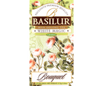 Basilur White Magic - herbata półfermentowana oolong z dodatkiem mlecznego aromatu. Zielone pudełko z botanicznym motywem. 