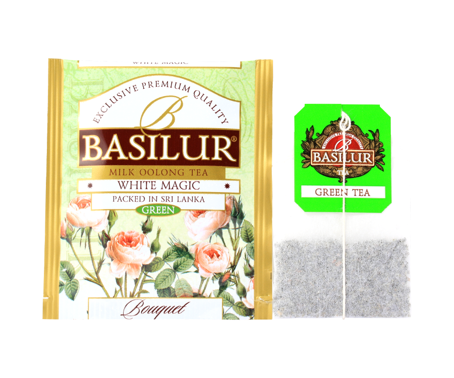 Basilur White Magic - herbata zielona cejlońska, ekspresowa z zieloną herbatą oolong z dodatkiem aromatu mleka. Zielone, ozdobne pudełko z kwiatowym motywem.