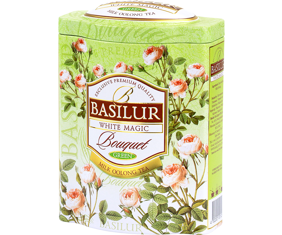 Basilur White Magic - zielona herbata cejlońska z mieszanką zielonych herbat z innego regionu z dodatkiem aromatu mleka w puszce.