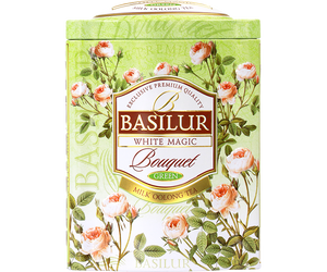 Basilur White Magic - zielona herbata cejlońska z mieszanką zielonych herbat z innego regionu z dodatkiem aromatu mleka w puszce.