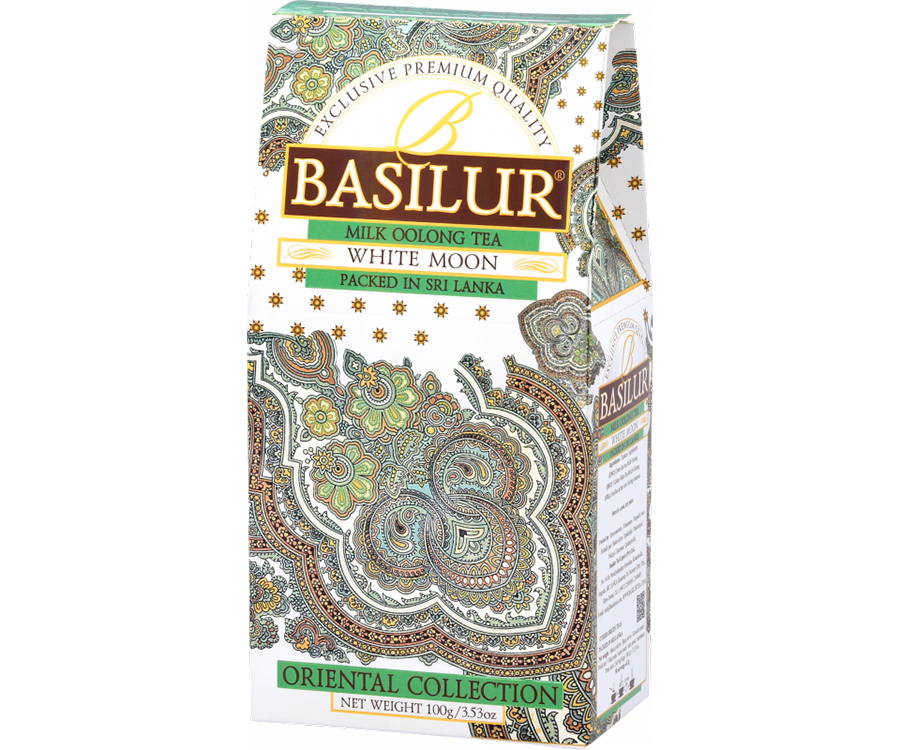 Basilur White Moon - liściasta herbata zielona Milk Oolong z mlecznym aromatem. Białe pudełko z orientalnym motywem. 