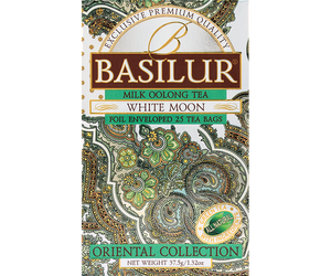  Basilur White Moon - herbata zielona z herbatą Milk Oolong i aromatem mleka w ekspresowych torebkach. Ozdobne, białe pudełko z orientalnym motywem.