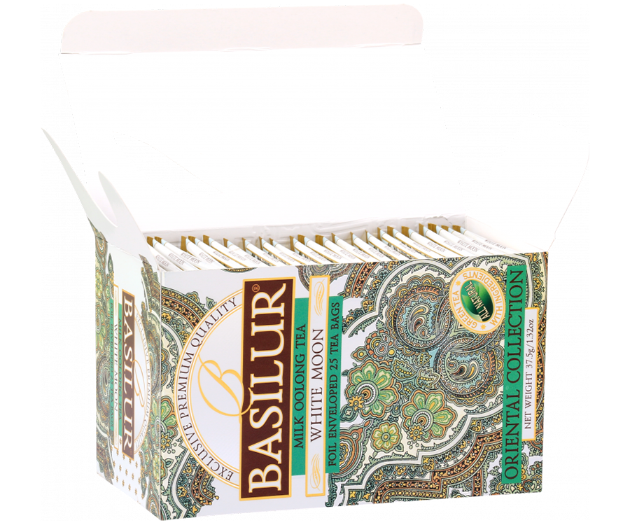  Basilur White Moon - herbata zielona z herbatą Milk Oolong i aromatem mleka w ekspresowych torebkach. Ozdobne, białe pudełko z orientalnym motywem.