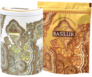 Basilur White Moon - zielona herbata z herbatą Milk Oolong i aromatem mleka w białej puszce z orientalnym motywem