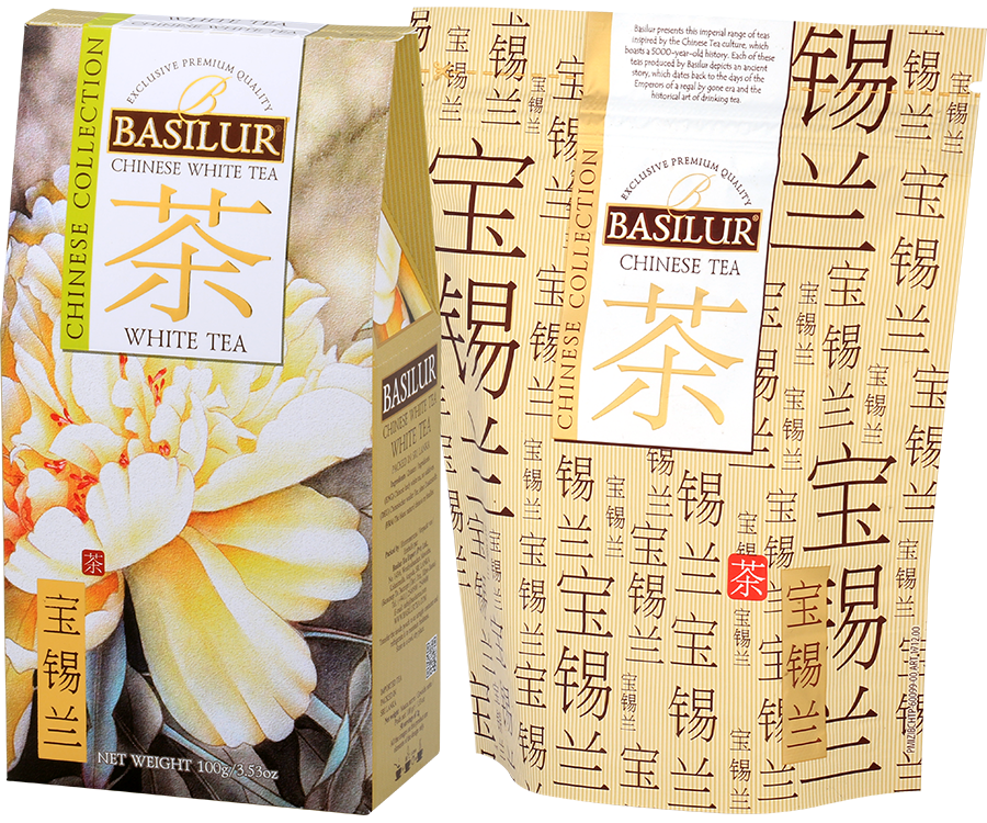 Basilur Chinese White Tea - liściasta biała herbata bez dodatków. Jasne pudełko z botanicznym motywem.