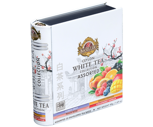 Basilur White Tea Assorted – zestaw 4 smaków białej herbaty cejlońskiej z naturalnymi, owocowymi dodatkami. Prezentowa puszka w kształcie książki.