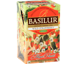 Basilur Wild Strawberry - zielona herbata cejlońska z dodatkiem naturalnego aromatu poziomki. Ozdobne opakowanie z kwiatowo-owocowym motywem.