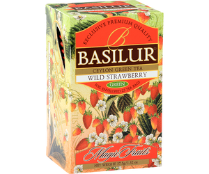 Basilur Wild Strawberry - zielona herbata cejlońska z dodatkiem naturalnego aromatu poziomki. Ozdobne opakowanie z kwiatowo-owocowym motywem.