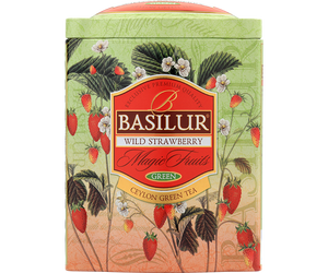 Basilur Wild Strawberry - zielona herbata cejlońska skomponowana ze starannie wyselekcjonowanych młodych listków YH z dodatkiem wiśni, poziomki, kwiatów niebieskiej malwy oraz aromatu poziomki i jaśminu. Ozdobna puszka z kwiatowo-owocowym motywem.
