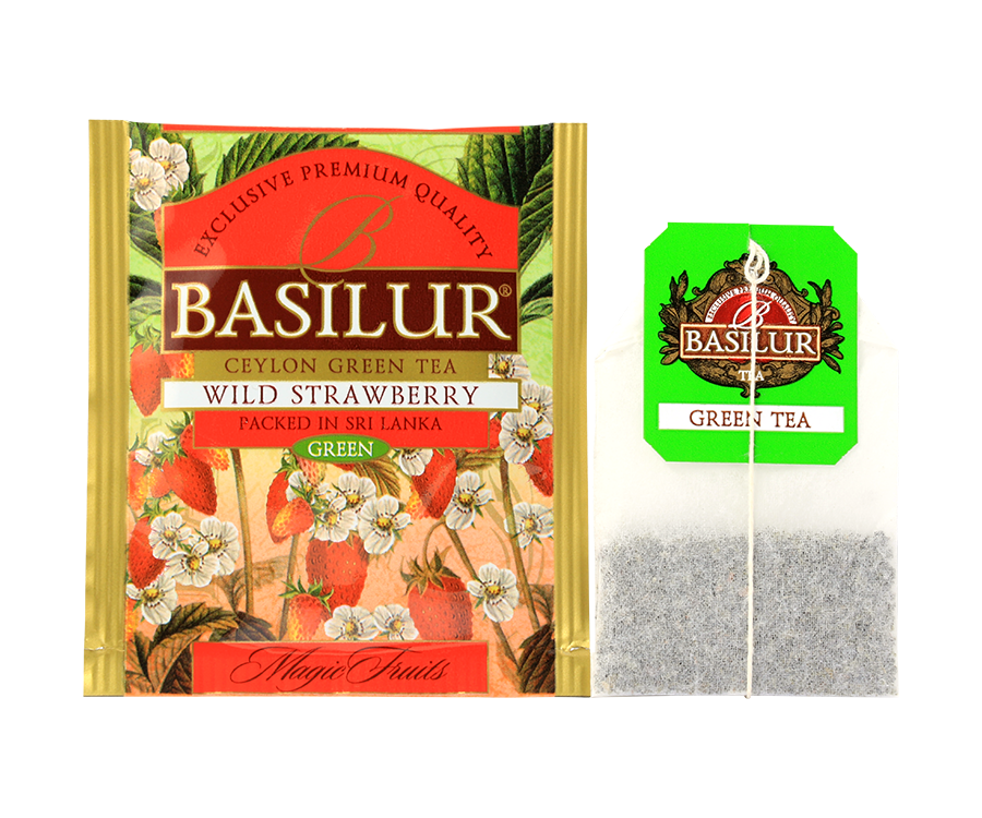 Basilur Wild Strawberry - zielona herbata cejlońska z dodatkiem naturalnego aromatu poziomki. Ozdobna puszka z kwiatowo-owocowym motywem.