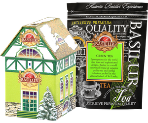 Basilur Winter Avenue III - zielona herbata cejlońska z dodatkiem chabru, skórki cytryny oraz naturalnym aromatem limonki i mięty. Prezentowa puszka w kształcie domku.
