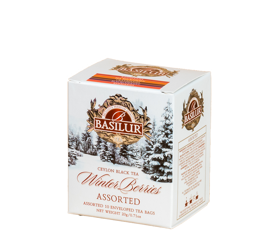 Basilur Winter Berries Assorted - rezentowy zestaw herbat cejlońskich w ozdobnym pudełku z zimowym motywem.