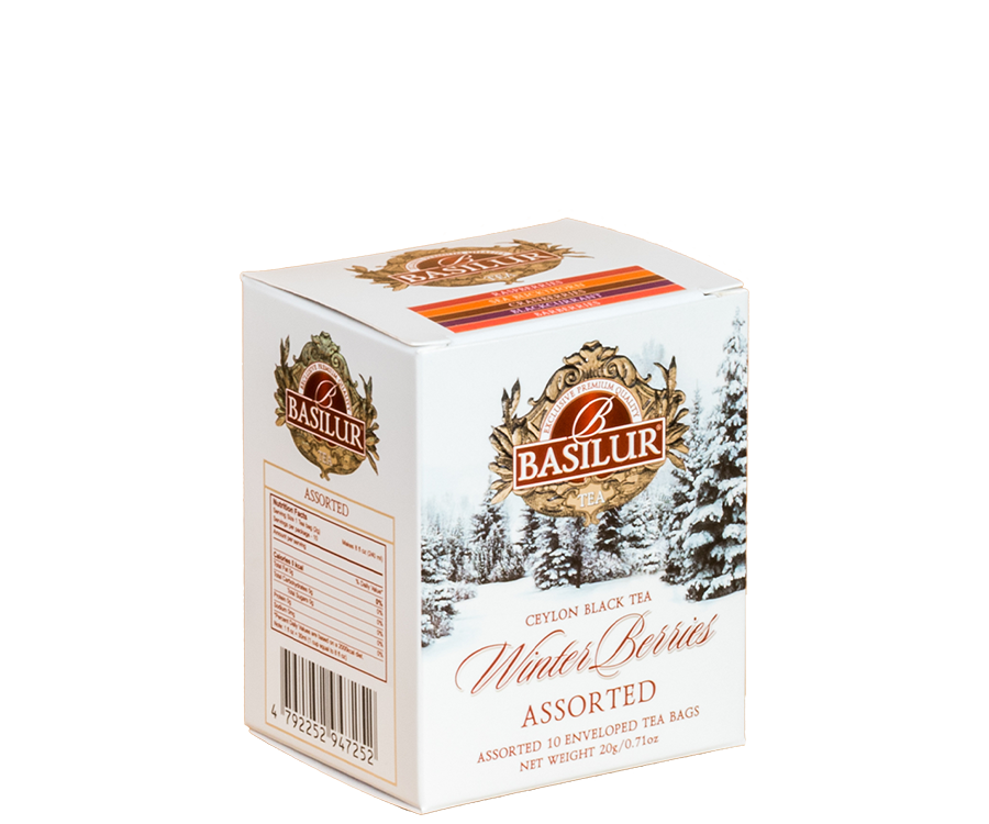 Basilur Winter Berries Assorted - rezentowy zestaw herbat cejlońskich w ozdobnym pudełku z zimowym motywem.