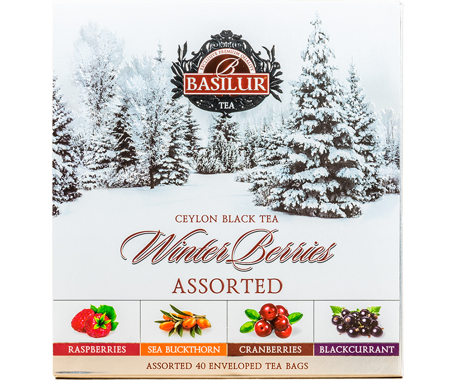 Basilur Winter Berries Assorted - Prezentowy zestaw herbat cejlońskich w eleganckim, papierowym ekspozytorze, ozdobiony zimowym motywem.