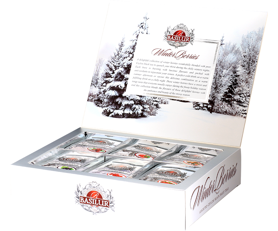 Basilur Winter Berries Assorted - zestaw 6 smaków herbat cejlońskich w kopertach. Ozdobne, białe pudełko z motywem zimowym otwierane jak herbaciarka.